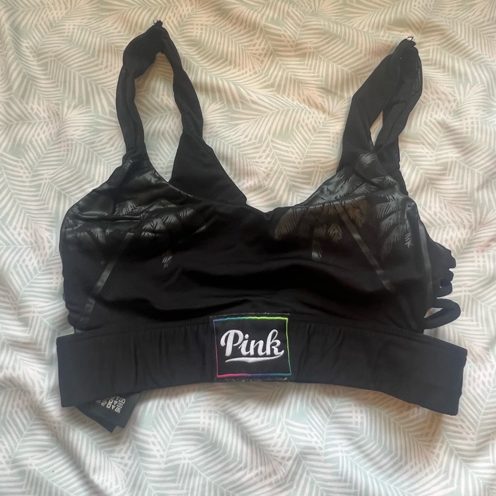 pink by victoria secret sports bra rainbow decal island print